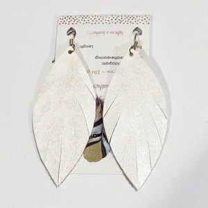 Leather Feather Earrings White Iridescent